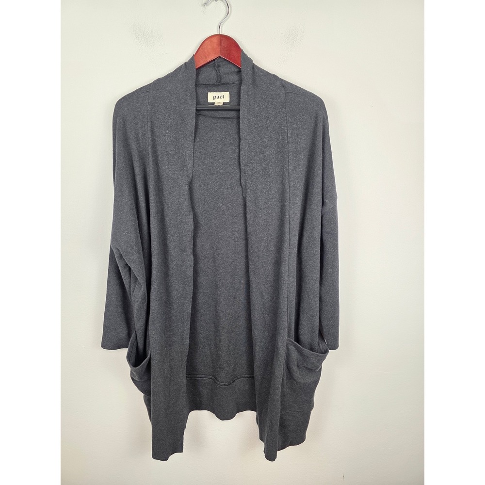 Pact Organic Cotton Open Front Cardigan Charcoal Grey XS/S Shawl Collar‎ Pockets